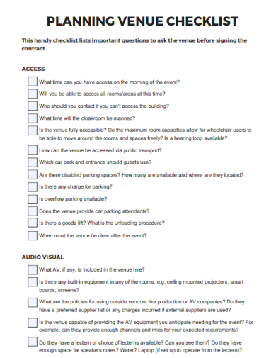 sample planning venue checklist template