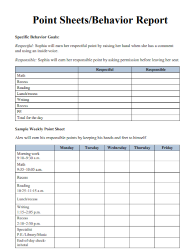 sample point sheets behavior report template