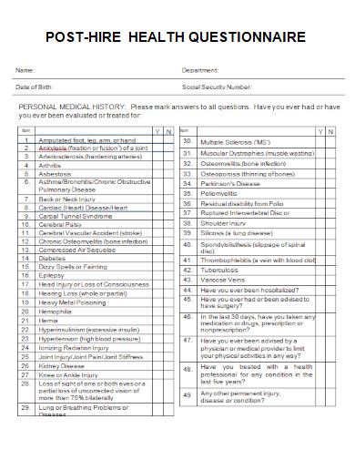 sample post hire health questionnaire template