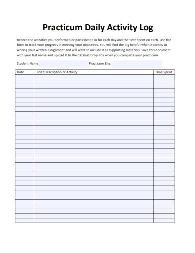 sample practicum daily activity log form template