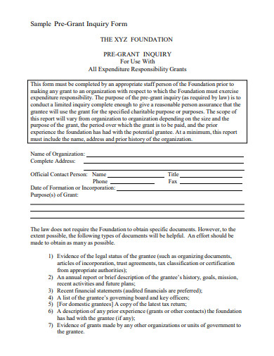 sample pre grant inquiry form template