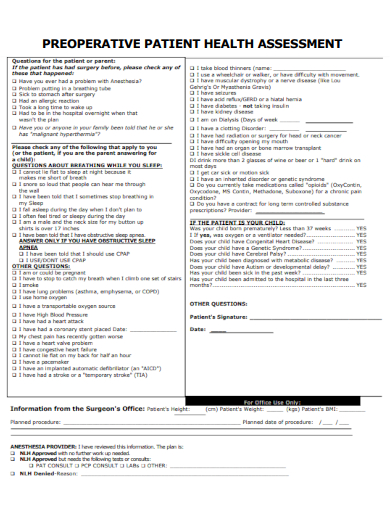sample preoperative patient health assessment form template