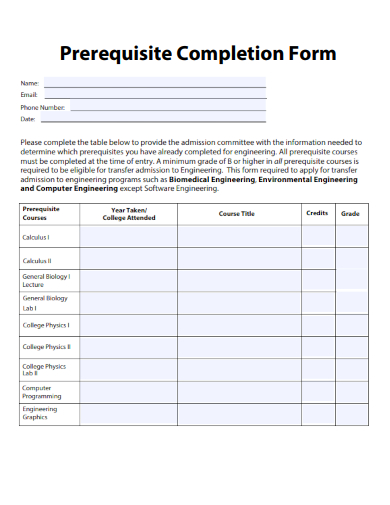 sample prerequisite completion form template