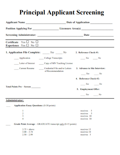sample principal applicant screening template