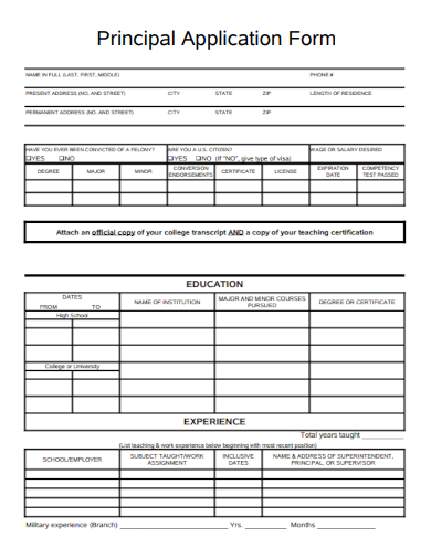 sample principal application form template
