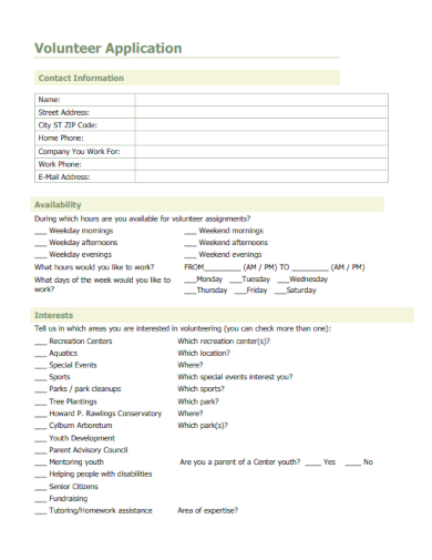 sample printable volunteer application form template