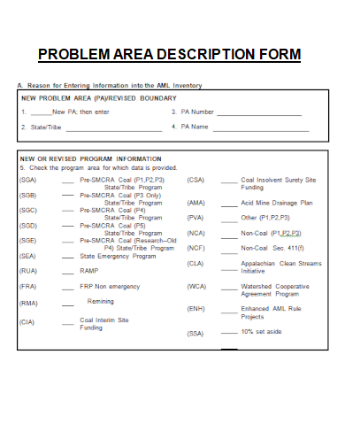 sample problem area description form templates