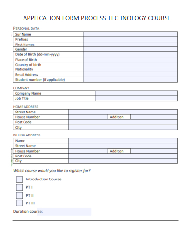 sample process technology course application form template