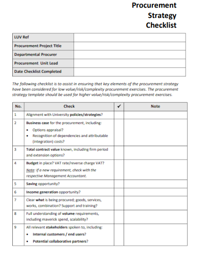 sample procurement strategy checklist template