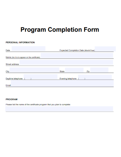 sample program completion form template