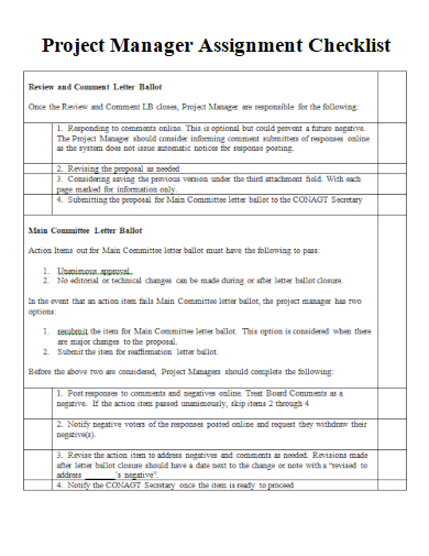 sample project manager assignment checklist template