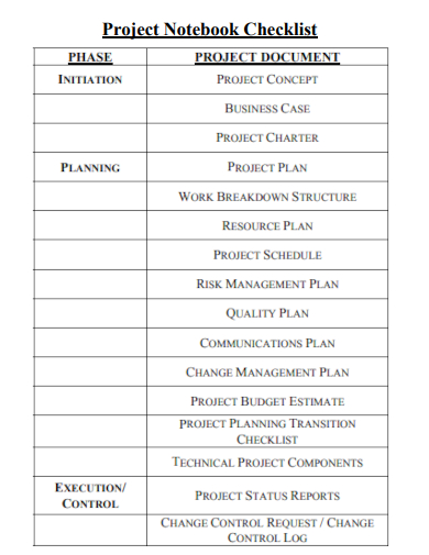 sample project notebook checklist template