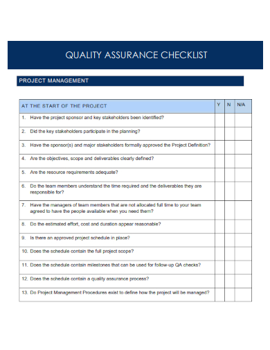 sample project quality assurance checklist template