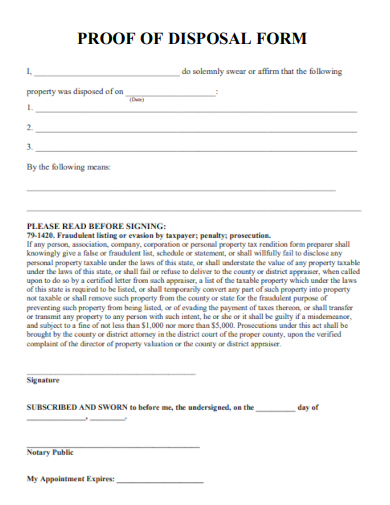 sample proof of disposal form template