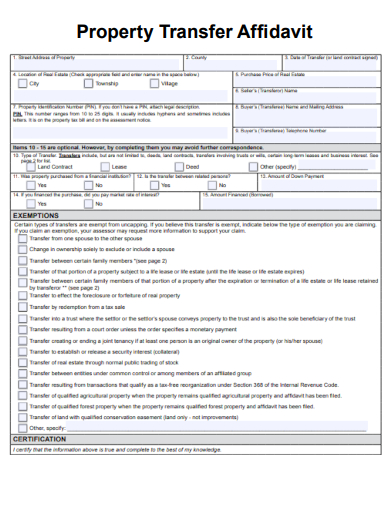 sample property transfer affidavit form template
