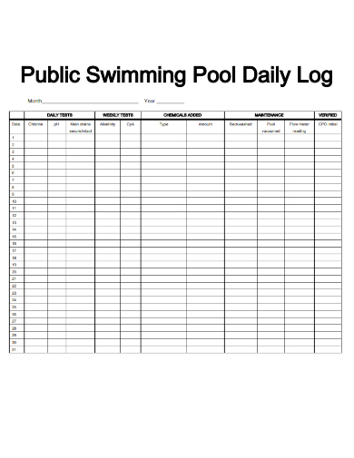 sample public swimming pool daily log form template