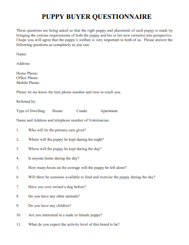 sample puppy buyer questionnaire template