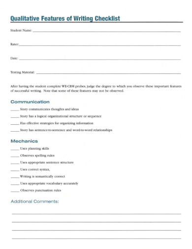 sample qualitative features of writing checklist template