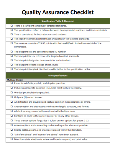 sample quality assurance checklist basic template