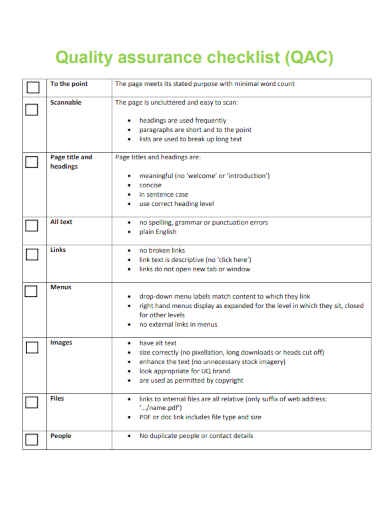 sample quality assurance checklist blank template