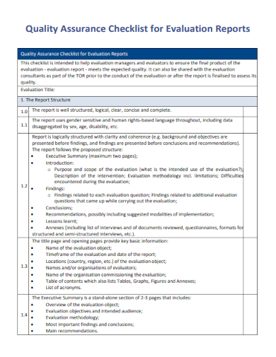 sample quality assurance checklist for evaluation reports template