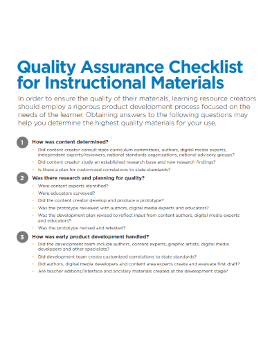 sample quality assurance checklist for instructional materials template