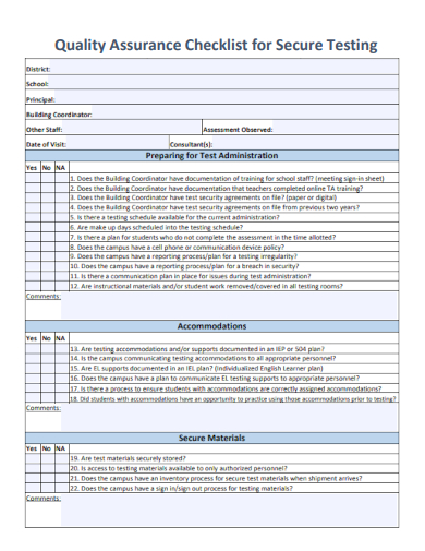 sample quality assurance checklist for secure testing template