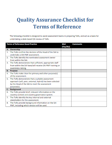 sample quality assurance checklist for terms of reference template