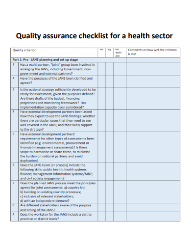 sample quality assurance checklist for a health sector template