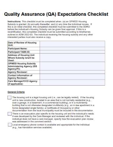 sample quality assurance expectations checklist template