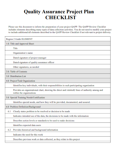 sample quality assurance project plan checklist template