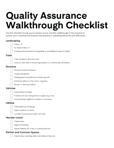 sample quality assurance walkthrough checklist template