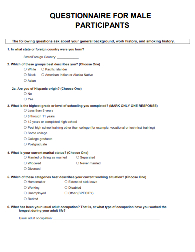 sample questionnaire for male participants template