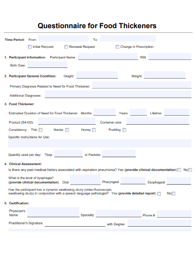 sample questionnaire for food thickeners template