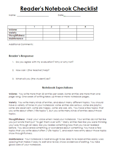 sample readers notebook checklist template