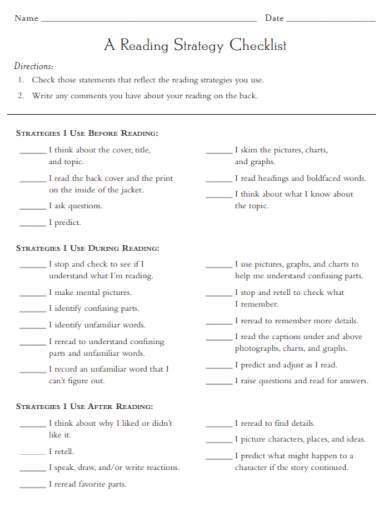 sample reading strategy checklist template