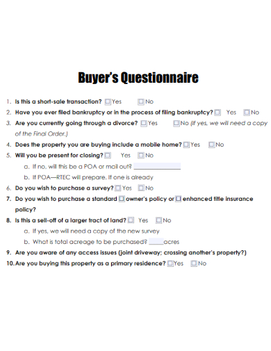sample real estate buyer questionnaire template