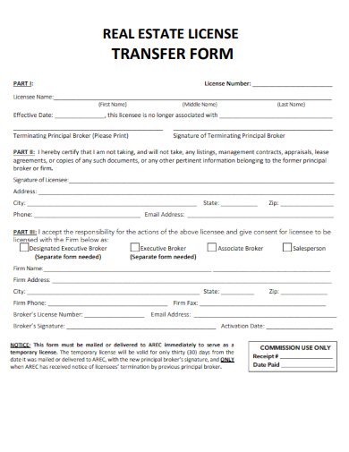 sample real estate license transfer form template