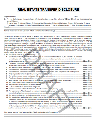 sample real estate transfer disclosure form template