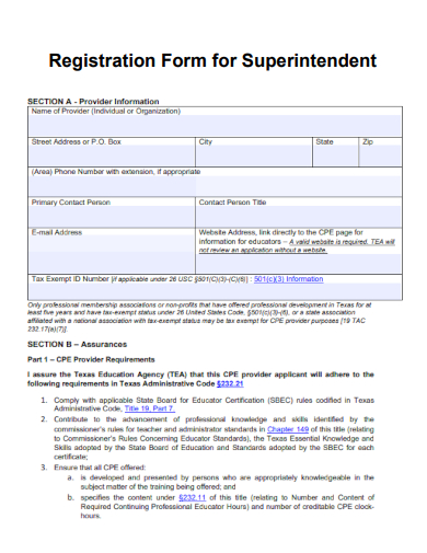 sample registration form for superintendent template