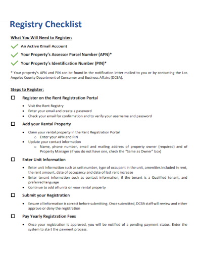 sample registry checklist basic template