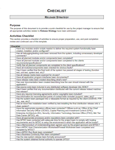 sample release strategy checklist template