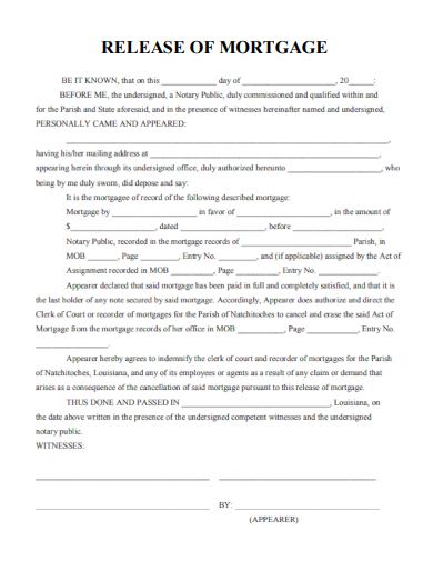 sample release of mortgage form template