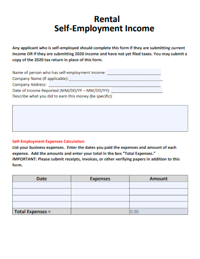 sample rental self employment income template