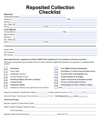 sample reposited collection checklist template