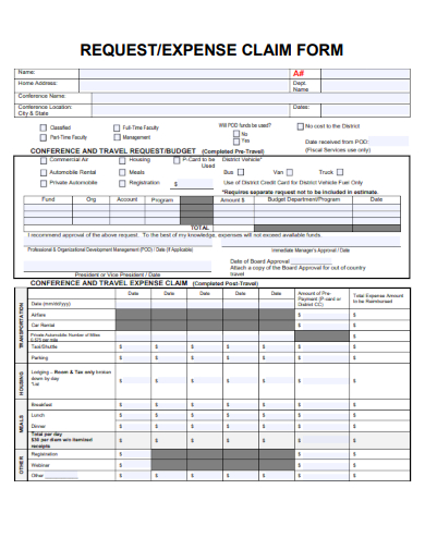 sample request expense claim form template