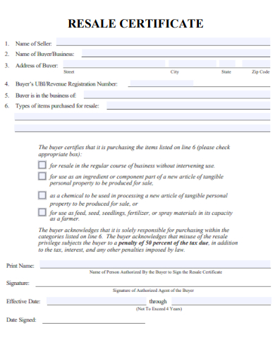 sample resale certificate formal template