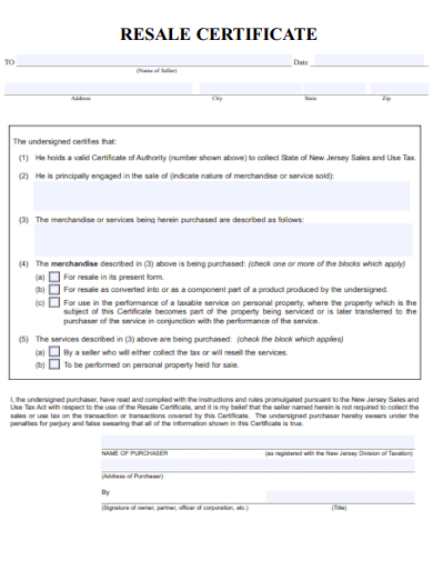 sample resale certificate standard template