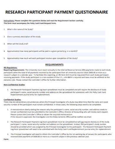 sample research participant payment questionnaire template