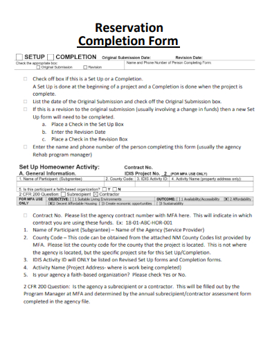 sample reservation completion form template